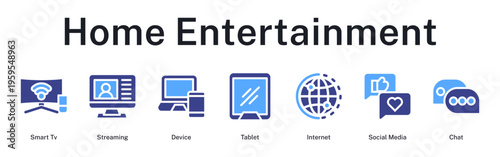 Home entertainment system integrating smart television, streaming services, multiple devices, connectivity, and social interaction.