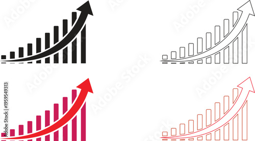 Collection of four colorful bar graph icons with upward trending arrows