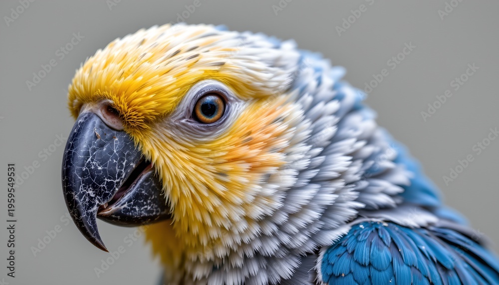 Fototapeta premium The image features a close up of a colorful parrot with vibrant yellow, white, and blue feathers