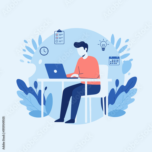 Man working diligently on laptop at desk.