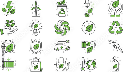 Eco friendly energy outline icons set with recycling renewable power electric car battery and green leaf vector illustration isolated design