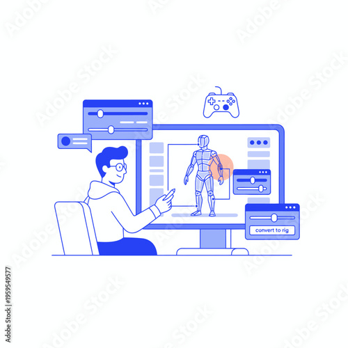 Man working on 3D character modeling on computer screen.