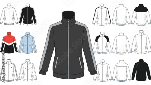 Grid of technical fashion sketches showing multiple variations and colorways of a zip up athletic track jacket for sportswear design.