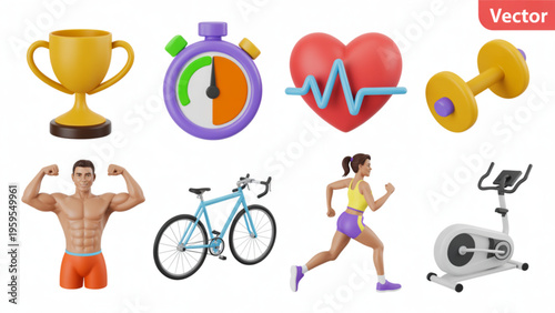 A comprehensive set of 3d icons representing various sports equipment and healthy fitness activities Vector