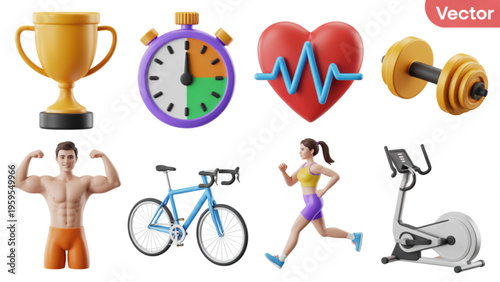 A collection of 3d fitness and sports icons including a trophy stopwatch heart and gym equipment Vector
