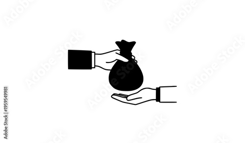 Hands exchanging money bag flat outline vector illustration for payment debt and loan concept isolated on white background