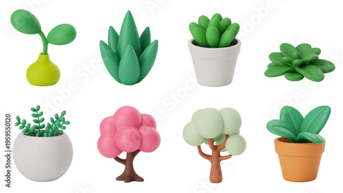 A collection of eight stylized 3d rendered plants including various succulents trees and shrubs Vector