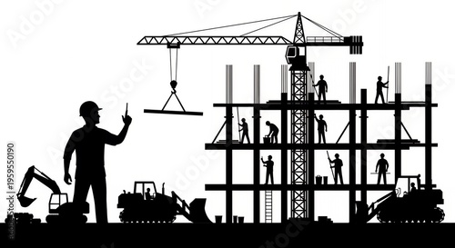 Silhouette of construction site with workers and machinery