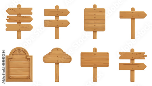 Set of various wooden signboards with different shapes and textures for outdoor directional use Vector