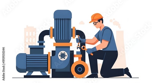 Engineer in hard hat repairing industrial machinery with tools