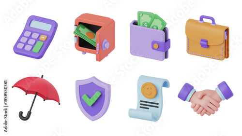 A collection of colorful 3d icons representing business finance and security concepts for apps Vector