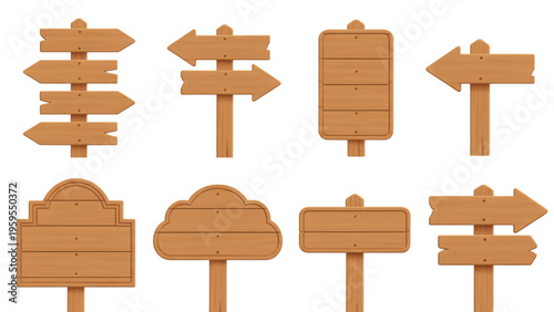 Set of various wooden signposts and directional boards with different shapes and mounting styles Vector