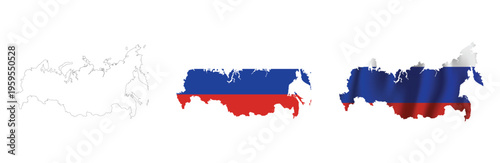 Set of Russia Map Silhouette Variations including Outline and Flag Colors