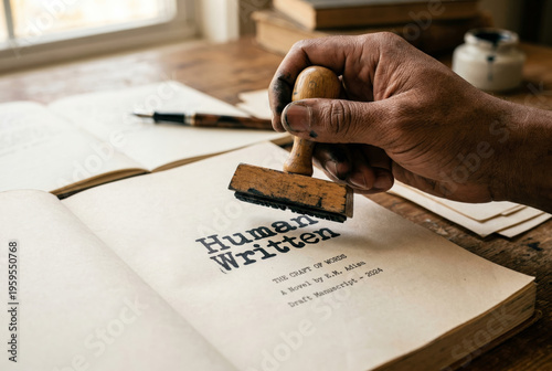 A close-up photograph of a writer's hand, stained with ink, applying a 