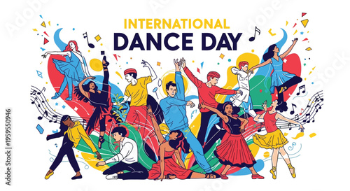 Vibrant international dance day celebration vector graphic illustration showcasing diverse people expressing joy through various dynamic artistic choreography movements and energetic poses.