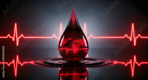 A single red droplet containing a world map set against a heart rate background high quality