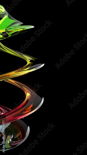 Abstract dark background animation featuring dynamic twisted ribbon-like shapes rotating around a central axis. Vibrant fluid motion of intertwining multicolored elements creates a mesmerizing seamles