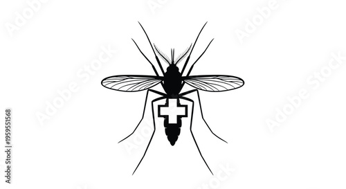 This stark monochrome vector illustration depicts a mosquito with a prominent cross symbol on its body, serving as a powerful graphic icon representing critical themes of health, disease, medical dang