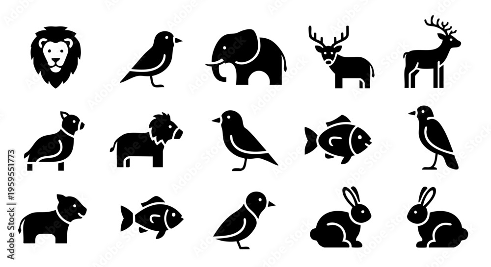 Obraz premium Comprehensive Wildlife Silhouette Collection: Lion, Elephant, Bird, and More