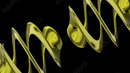 Abstract dark background animation featuring dynamic twisted ribbon-like shapes rotating around a central axis. Luxurious fluid motion of intertwining black and gold elements creates a mesmerizing sea