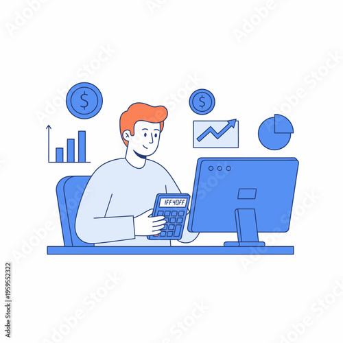 Man working on computer with calculator and financial charts.