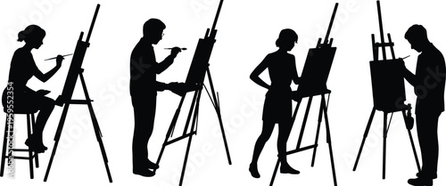 Silhouette artists painting on easels in studio, creative people drawing, art class activity, painter figures, black isolated design concept vector