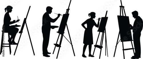 Silhouette group of artists painting on easels in studio, creative people art class workshop illustration, isolated background, black white concept