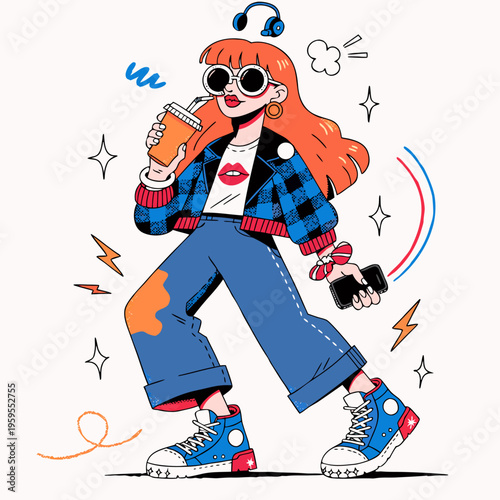 Stylish Gen Z Woman Walking with Coffee Cup and Smartphone, Trendy Urban Lifestyle Vector Illustration for Social Media Marketing, Youth Culture and Fashion Branding