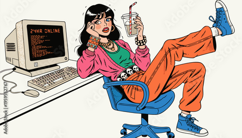 Young Woman Experiencing Digital Burnout and 24/7 Online Fatigue Sitting at Vintage Computer Vector Illustration for Work-Life Balance and Internet Addiction Concepts