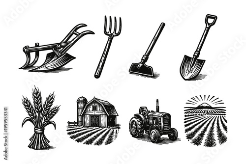 Vintage farm equipment and rural landscape illustrations in a woodcut style