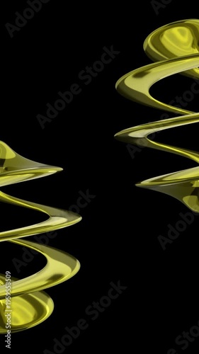 Abstract dark background animation featuring dynamic twisted ribbon-like shapes rotating around a central axis. Luxurious fluid motion of intertwining black and gold elements creates a mesmerizing sea