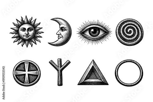 Collection of esoteric symbols and celestial bodies in vintage engraving style