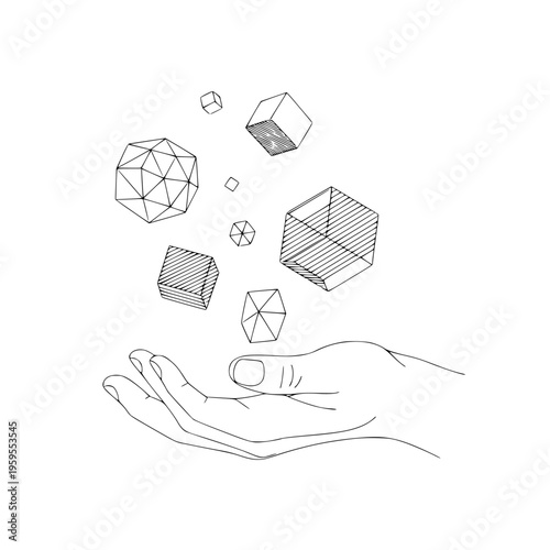 Abstract line art illustration depicting a human hand gently holding or generating floating three dimensional geometric shapes representing data or digital concepts.