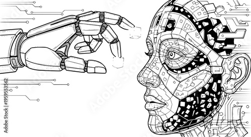 Detailed black and white illustration depicting an advanced robotic hand placing a conceptual cube near the complex geometric head of an artificial intelligence entity.