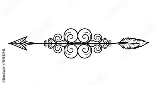 Ornate black and white decorative arrow divider element featuring intricate symmetrical baroque scrollwork and a detailed feathered tail design.