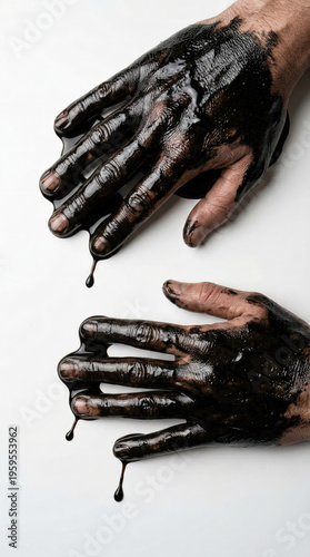 Human hands covered in crude oil top view