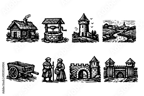 Collection of medieval village and castle elements in woodcut style