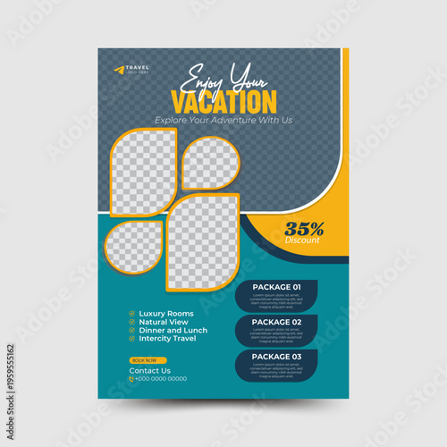 Travel package flyer design template for tourism and travel agency marketing, modern promotional flyer layout for vacation deals, holiday trips, tour offers, and destination advertising.