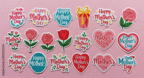 Assorted Mother Day sticker pack featuring realistic flower illustrations and elegant greeting typography.
