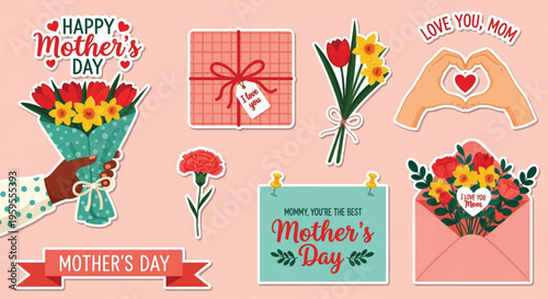 Mother Day sticker set including flower bouquets gift boxes and heart hand gestures on pink background.