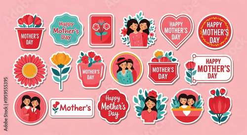 Collection of Mother Day celebration stickers with flowers hearts and mother daughter illustrations.