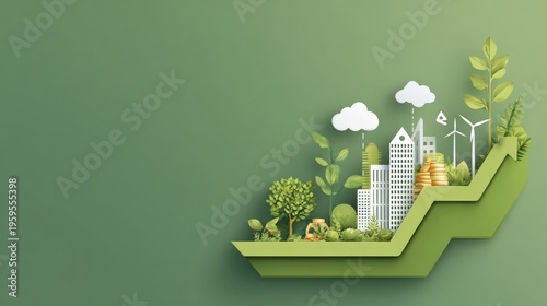 Eco-friendly cityscape with greenery, wind turbines, and growth symbols on a green background