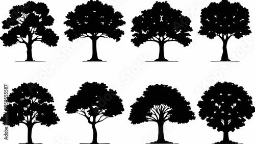 A set of tree silhouettes in a minimalist vector graphic design