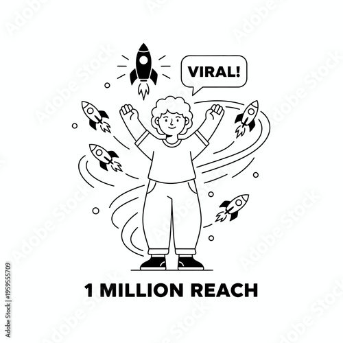 Person celebrating viral success with rockets and 1 million reach.
