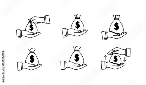 Hand to hand money exchange icon set monoline vector illustration for payment debt and loan concept isolated on white background