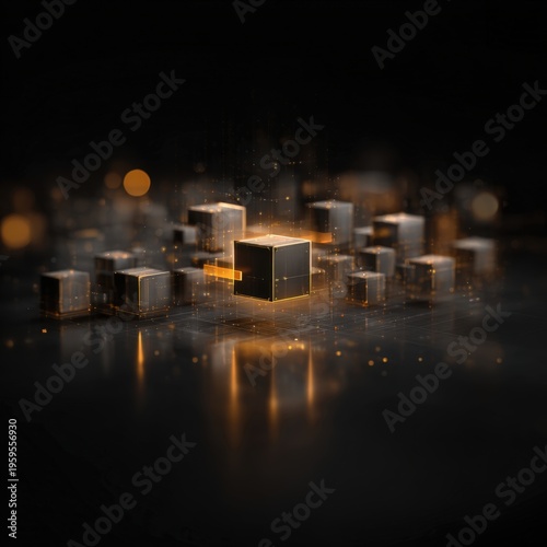 Abstract representation of glowing cubes in a dark environment with soft light reflections