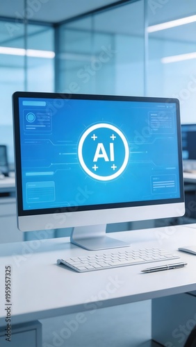 Computer monitor displaying AI interface in modern office setting