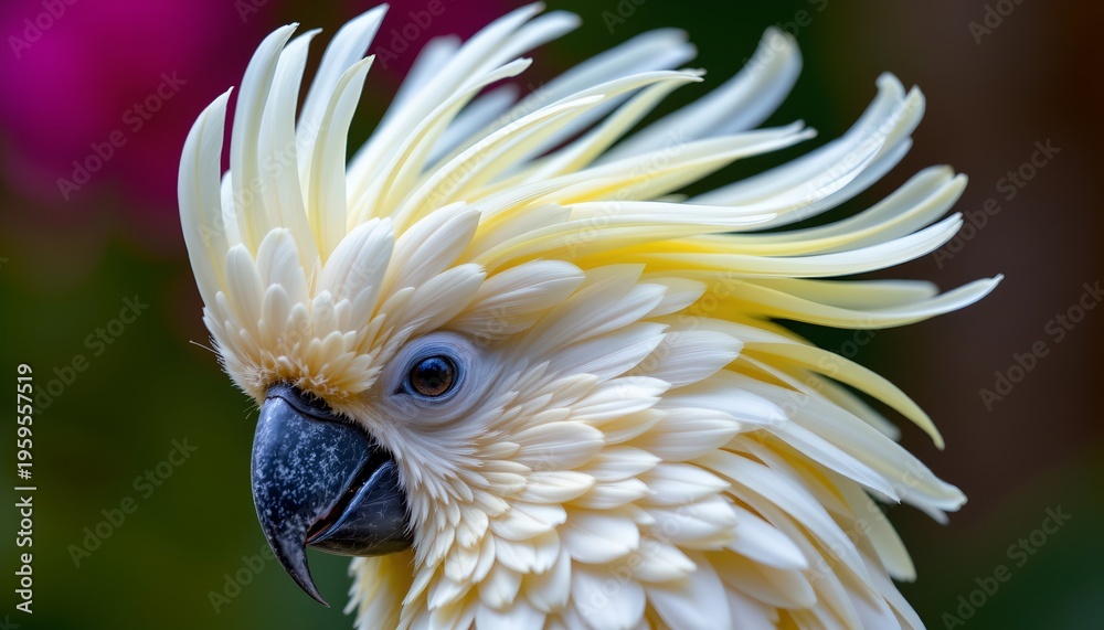 Fototapeta premium The image features a close up of a bird with vibrant, pale yellow plumage and a striking crest of elongated feathers that radiate outward from its head