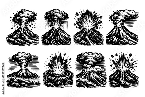 Collection of eight vintage woodcut style volcano eruption illustrations
