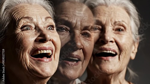layered portrait of an elderly woman expressing different emotions